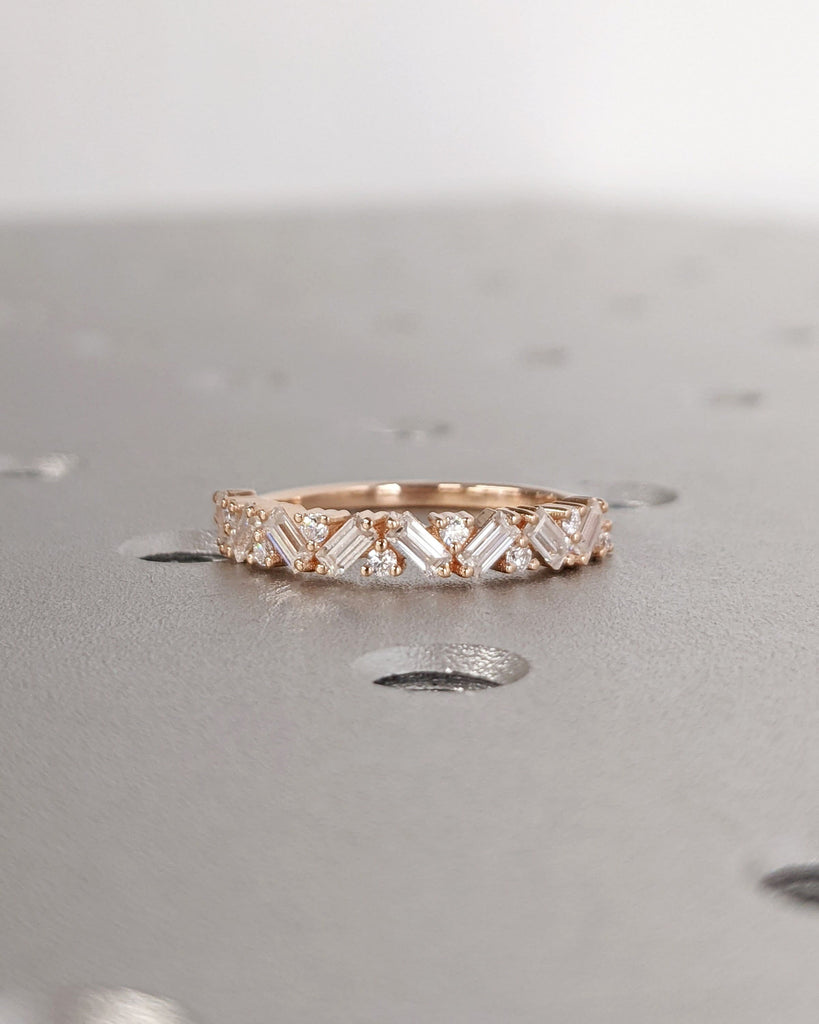 Unique Half Eternity Baguette cut Moissanite Wedding Band | Vintage Rose Gold Wedding Band | Women Matching Band Bridal Promise Gift for Her