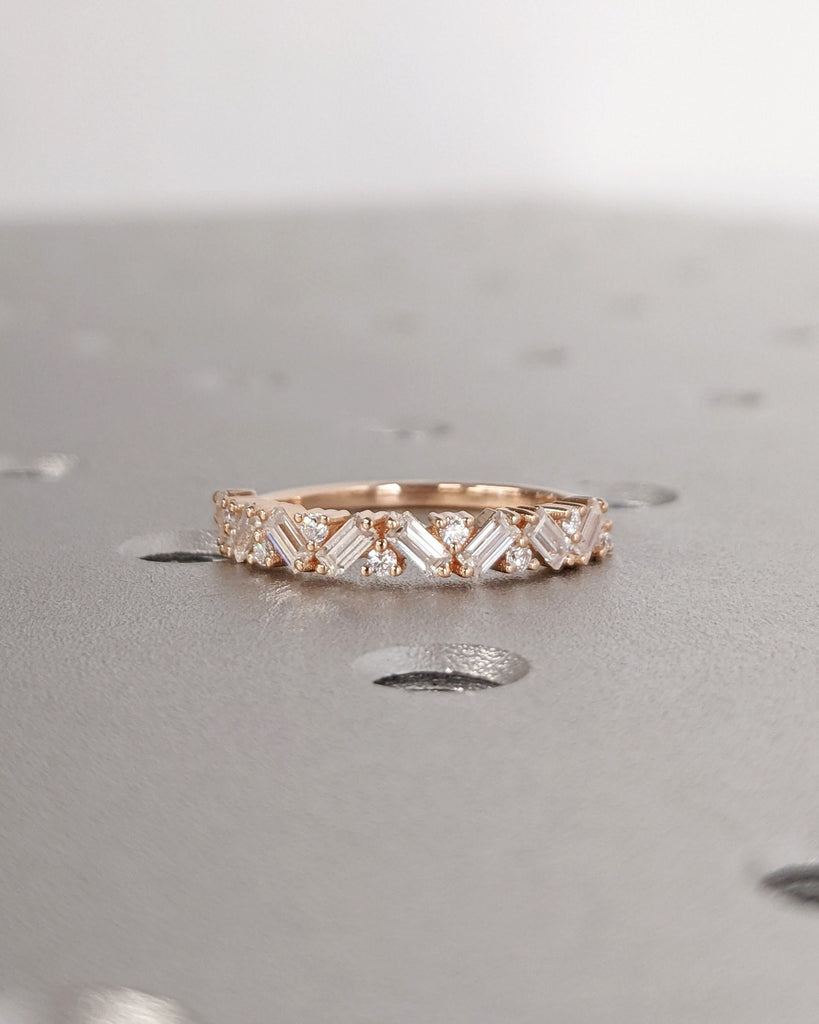 14k Rose Gold Stacking Ring, Diamond Wedding Band, Half Eternity Baguette Ring, Moissanite Matching Rings for Women, Baguette Wedding Band