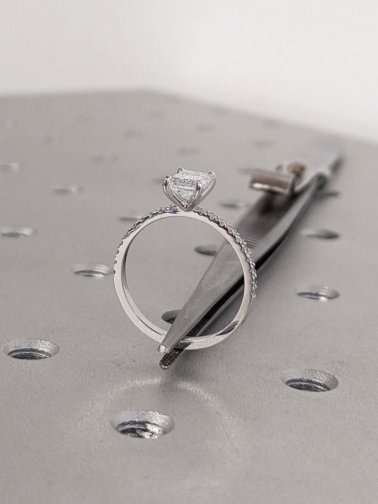 Lab Diamond Emerald cut Proposal Ring White Gold Platinum Half Eternity Moissanite Band| Open Gallery Basket