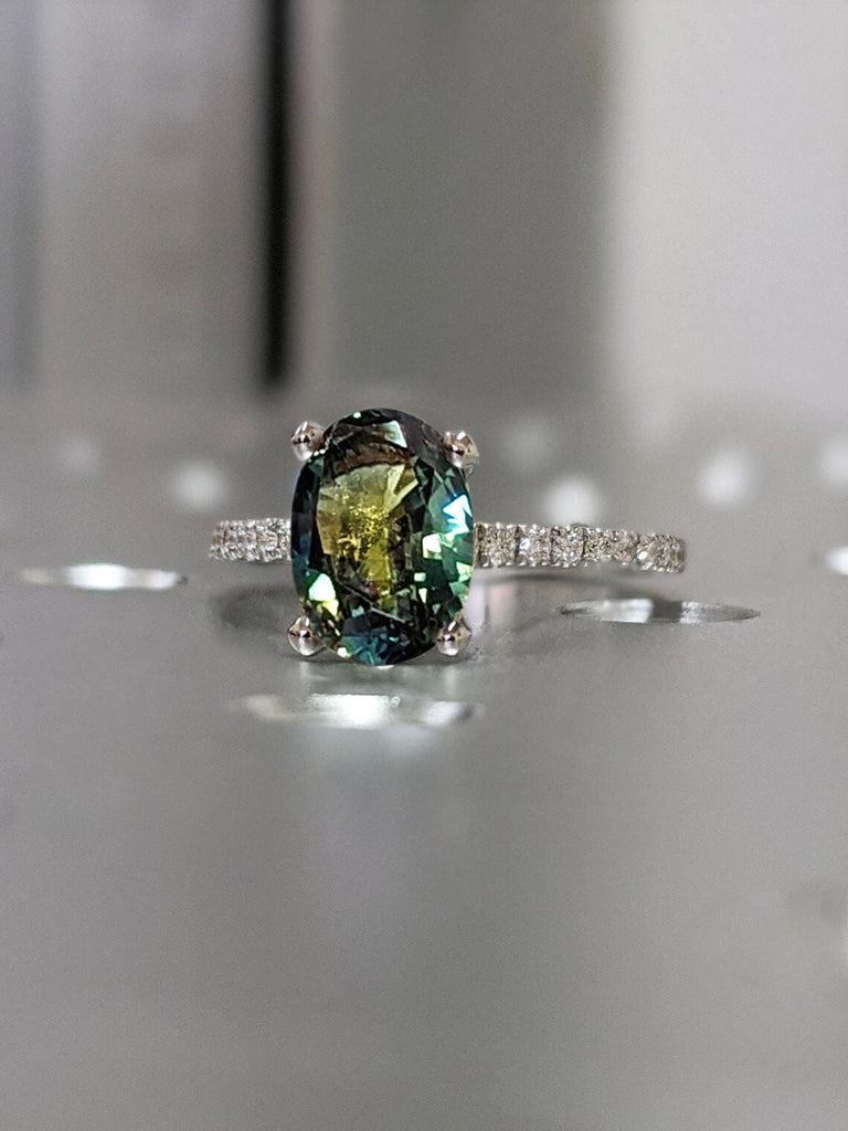 1 Carat Teal Sapphire and Diamond Engagement Ring: 14k White Gold, Oval cut