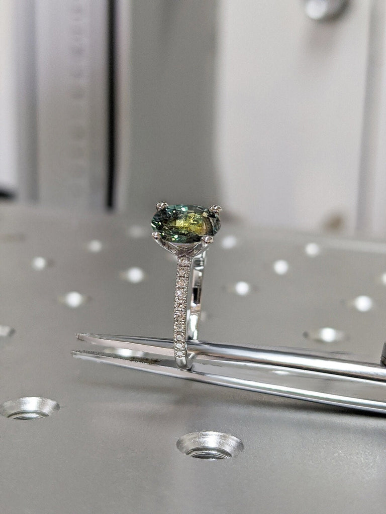 1 Carat Teal Sapphire and Diamond Engagement Ring: 14k White Gold, Oval cut