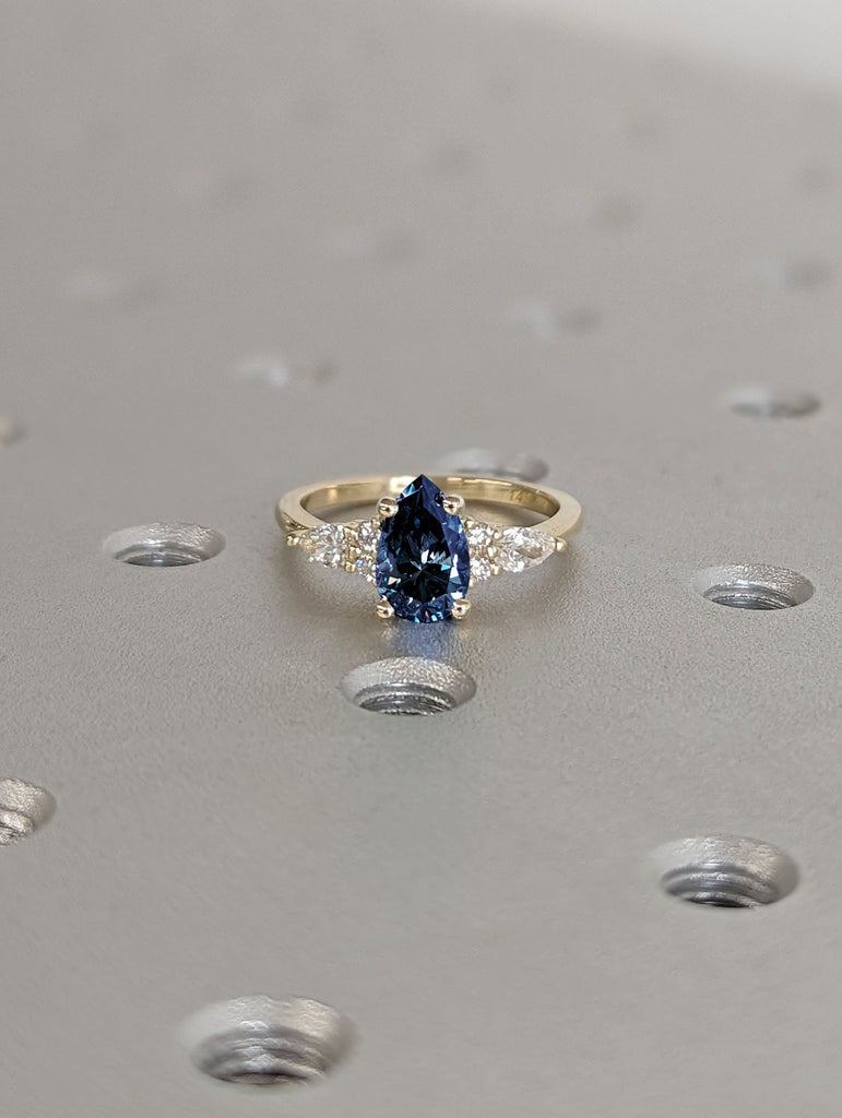 Pear cut Royal Blue Lab Sapphire Engagement Cocktail Ring | 14K 18K Yellow Gold Women Wedding Band | Art Deco Diamond Cluster Proposal Ring image #5
