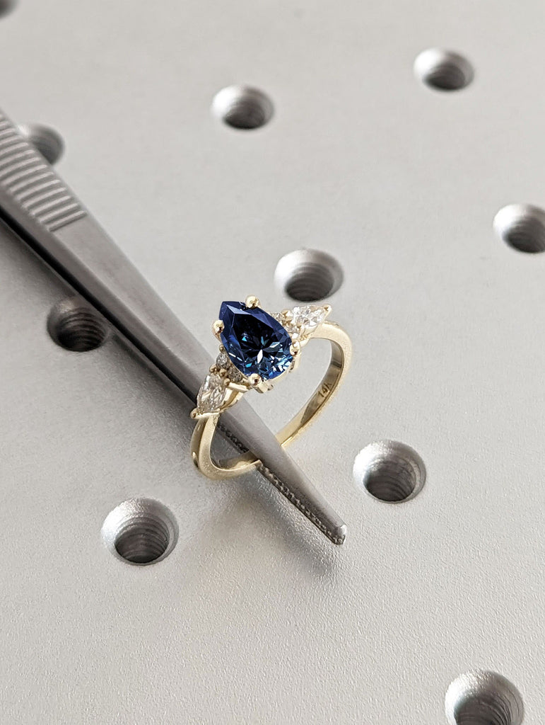 Pear cut Royal Blue Lab Sapphire Engagement Cocktail Ring | 14K 18K Yellow Gold Women Wedding Band | Art Deco Diamond Cluster Proposal Ring image #2