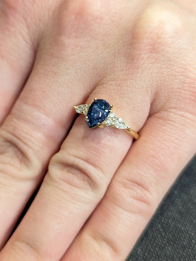 Pear cut Royal Blue Lab Sapphire Engagement Cocktail Ring | 14K 18K Yellow Gold Women Wedding Band | Art Deco Diamond Cluster Proposal Ring image #4