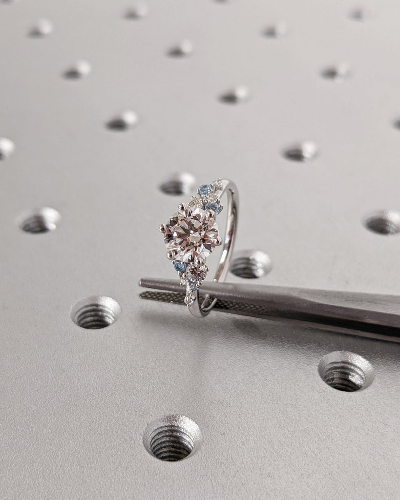 Unique Moissanite and Aquamarine Ring | Art Deco Engagement Ring | 14k Solid Gold Ring | Snowdrift Diamond Ring | Aquamarine Wedding Ring