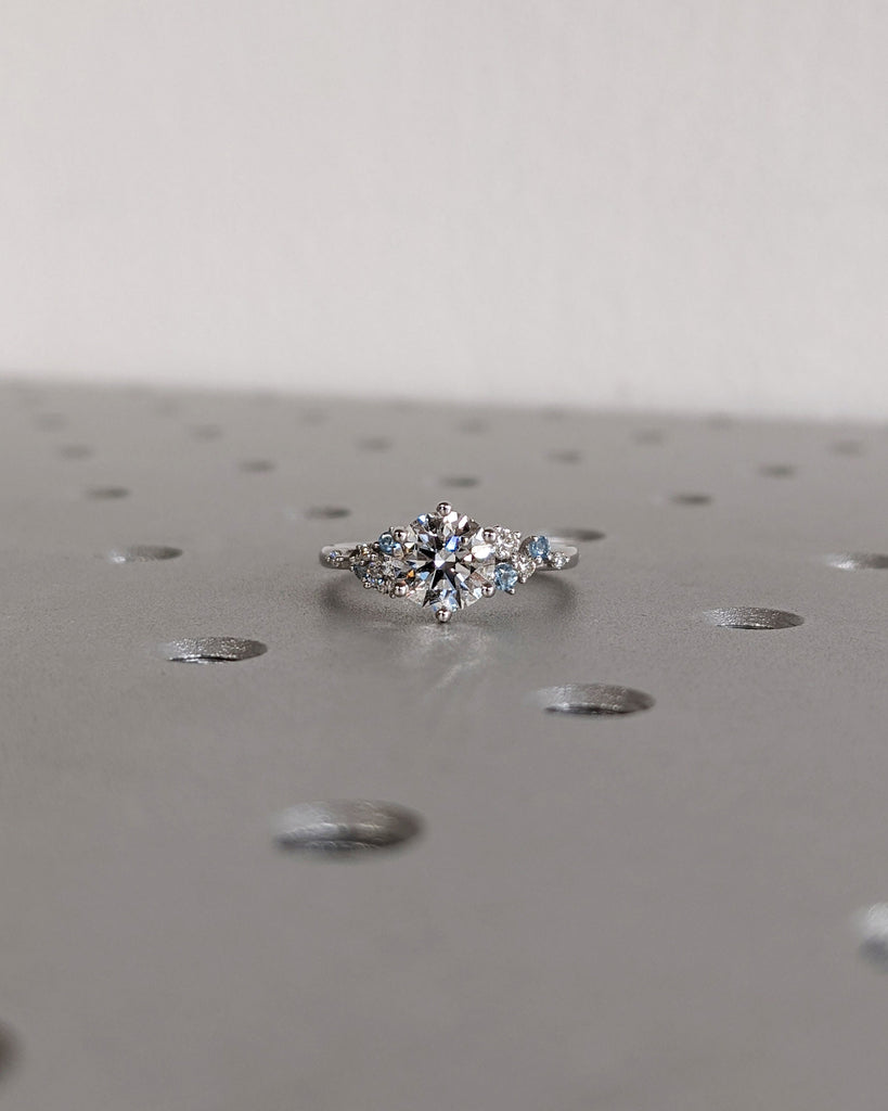Unique Moissanite and Aquamarine Ring | Art Deco Engagement Ring | 14k Solid Gold Ring | Snowdrift Diamond Ring | Aquamarine Wedding Ring
