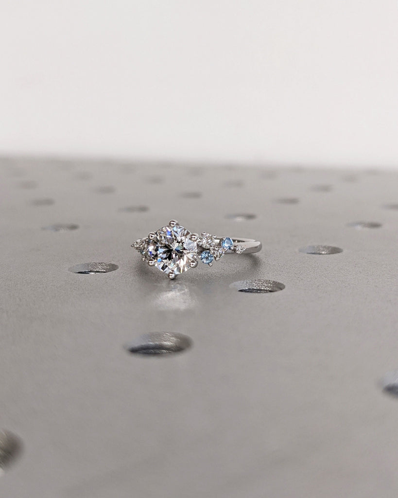 Unique Moissanite and Aquamarine Ring | Art Deco Engagement Ring | 14k Solid Gold Ring | Snowdrift Diamond Ring | Aquamarine Wedding Ring