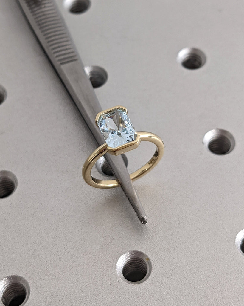 Unique Aquamarine Ring, Elegant Floating Bezel Engagement Ring, Blue Promise Ring, 14k Radiant Cut Aquamarine Ring, Anniversary Gift For Her