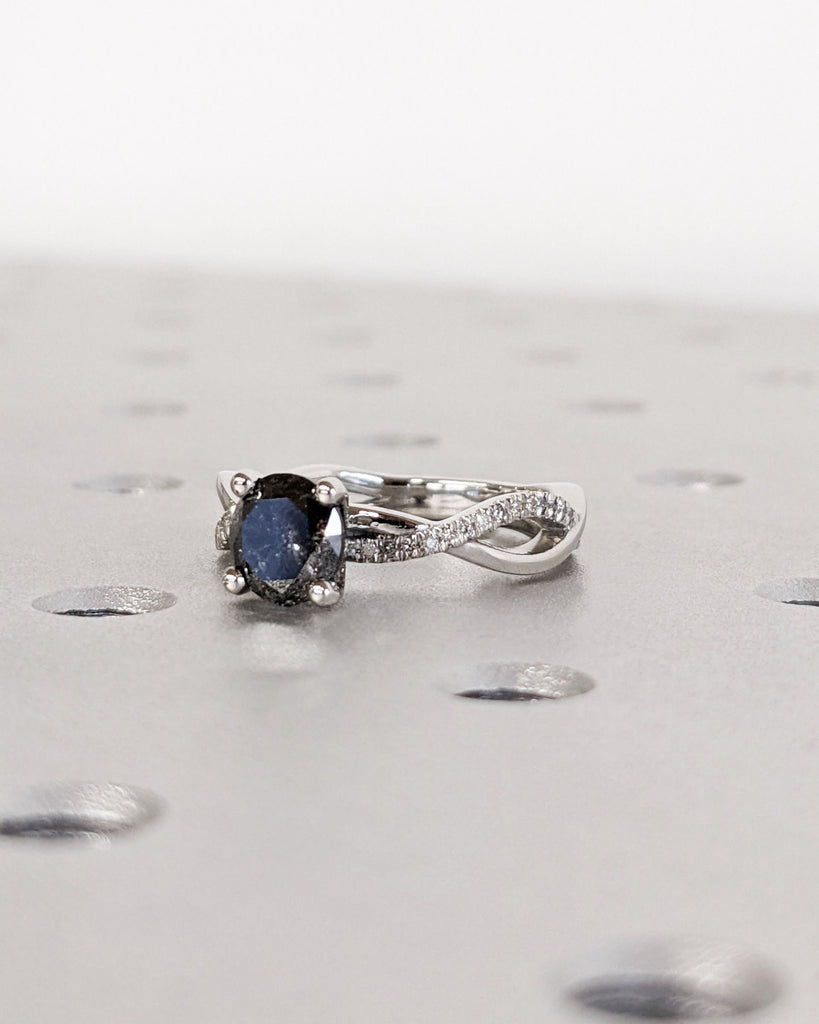 Round cut Salt and Pepper Black Diamond Engagement Ring | Platinum Engagement Ring for Her | Twisted Ring | Diamond Cluster Eternity Band