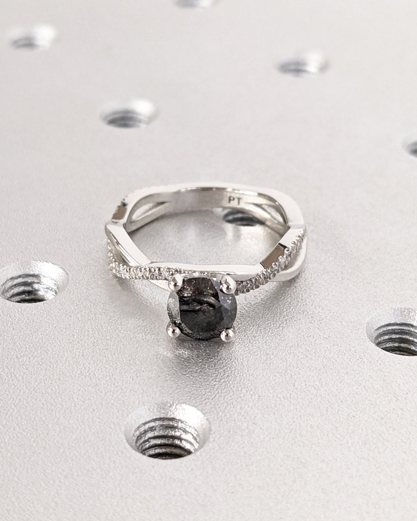 Round cut Salt and Pepper Black Diamond Engagement Ring | Platinum Engagement Ring for Her | Twisted Ring | Diamond Cluster Eternity Band
