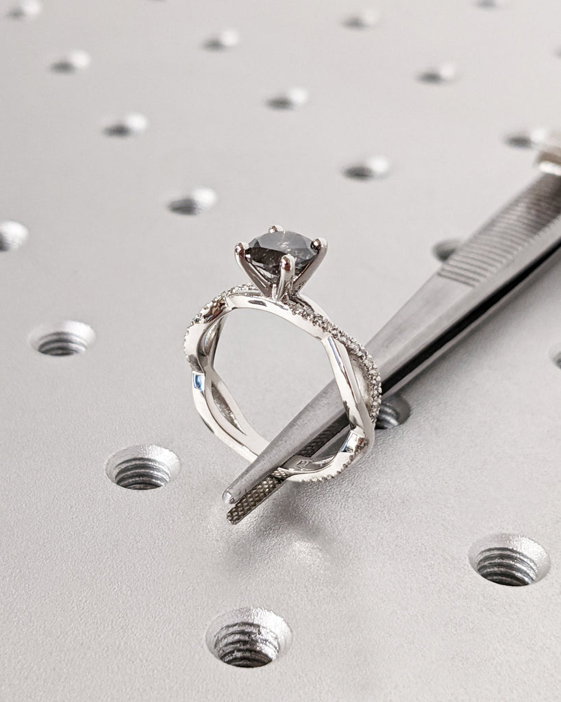 Round cut Salt and Pepper Black Diamond Engagement Ring | Platinum Engagement Ring for Her | Twisted Ring | Diamond Cluster Eternity Band