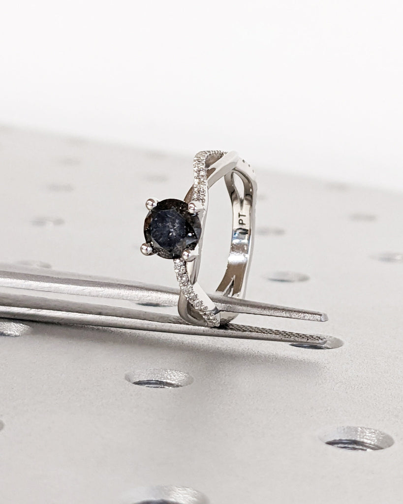 Unique Double Band Diamond Ring | 1ct, 2ct Natural Black Diamond Engagement Ring | Diamond Platinum Ring | Wedding Anniversary Gift for Wife
