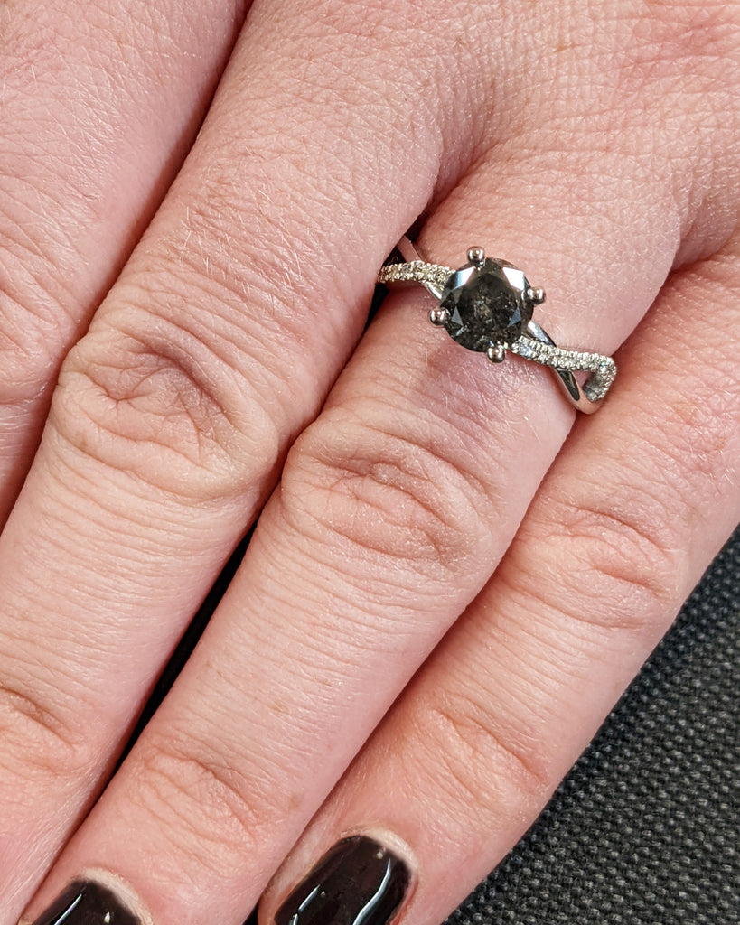 Round cut Salt and Pepper Black Diamond Engagement Ring | Platinum Engagement Ring for Her | Twisted Ring | Diamond Cluster Eternity Band