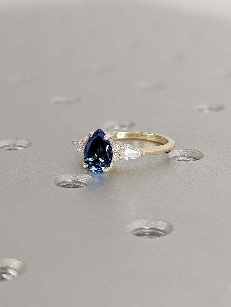 Pear cut Royal Blue Lab Sapphire Engagement Cocktail Ring | 14K 18K Yellow Gold Women Wedding Band | Art Deco Diamond Cluster Proposal Ring image #6