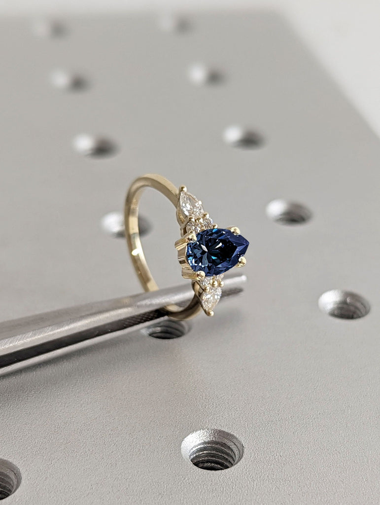 Pear cut Royal Blue Lab Sapphire Engagement Cocktail Ring | 14K 18K Yellow Gold Women Wedding Band | Art Deco Diamond Cluster Proposal Ring image #3