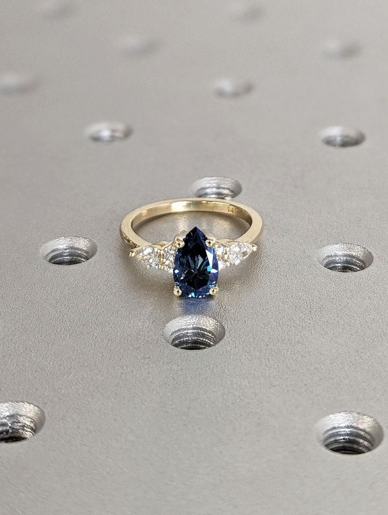 Pear cut Royal Blue Lab Sapphire Engagement Cocktail Ring | 14K 18K Yellow Gold Women Wedding Band | Art Deco Diamond Cluster Proposal Ring image #7
