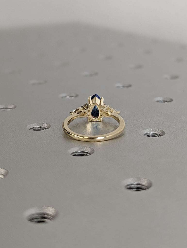 Pear cut Royal Blue Lab Sapphire Engagement Cocktail Ring | 14K 18K Yellow Gold Women Wedding Band | Art Deco Diamond Cluster Proposal Ring image #8