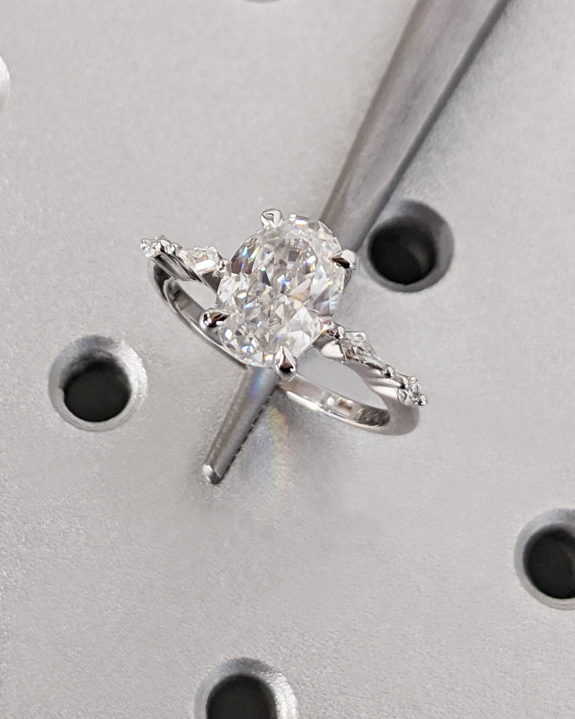 Unique Oval Cut Moissanite Engagement Ring, 14K White Gold Ring, Kite Shape Round Cut Moissanite, Minimalist Art Deco Engagement Dainty Band