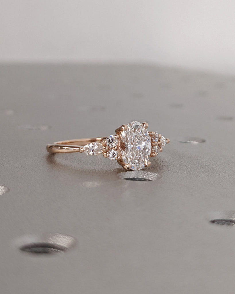 Lab Diamond Oval Engagement Ring, Oval Lab Diamond and Multi-Stone Wedding Ring, Rose Gold Lab Diamond Ring, Cluster Ring, Anniversary Gift image #3