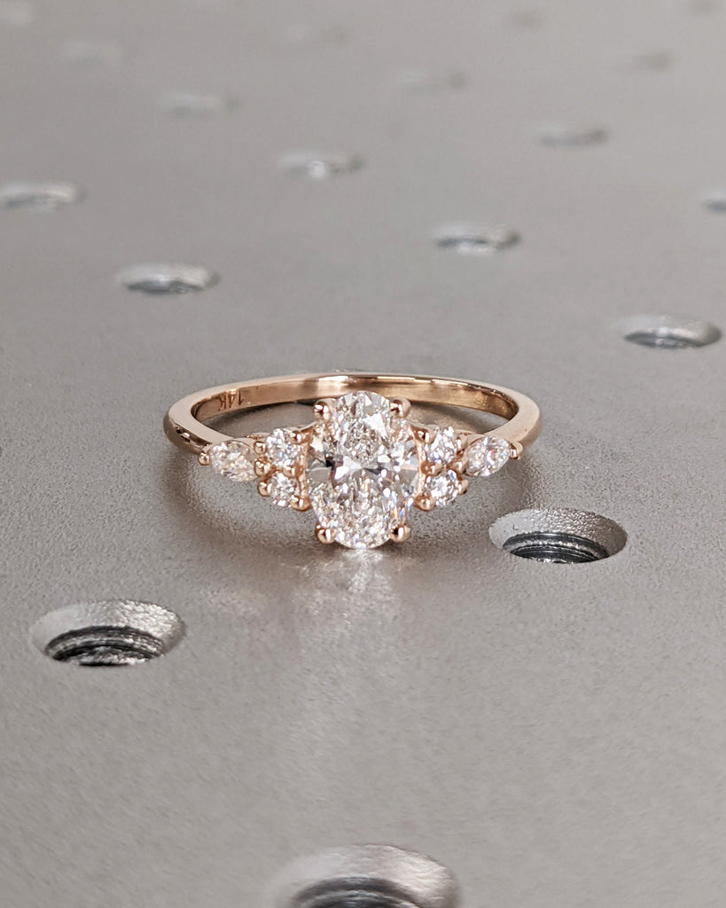 Lab Diamond Oval Engagement Ring, Oval Lab Diamond and Multi-Stone Wedding Ring, Rose Gold Lab Diamond Ring, Cluster Ring, Anniversary Gift image #2