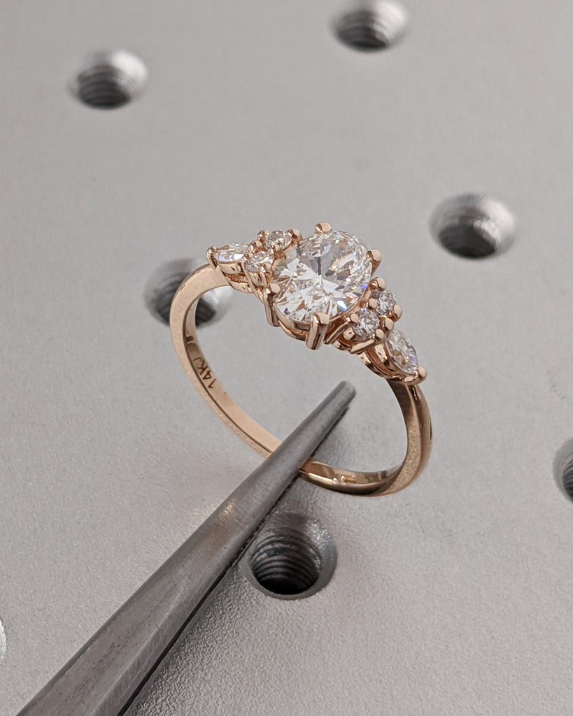 Lab Diamond Oval Engagement Ring, Oval Lab Diamond and Multi-Stone Wedding Ring, Rose Gold Lab Diamond Ring, Cluster Ring, Anniversary Gift image #7