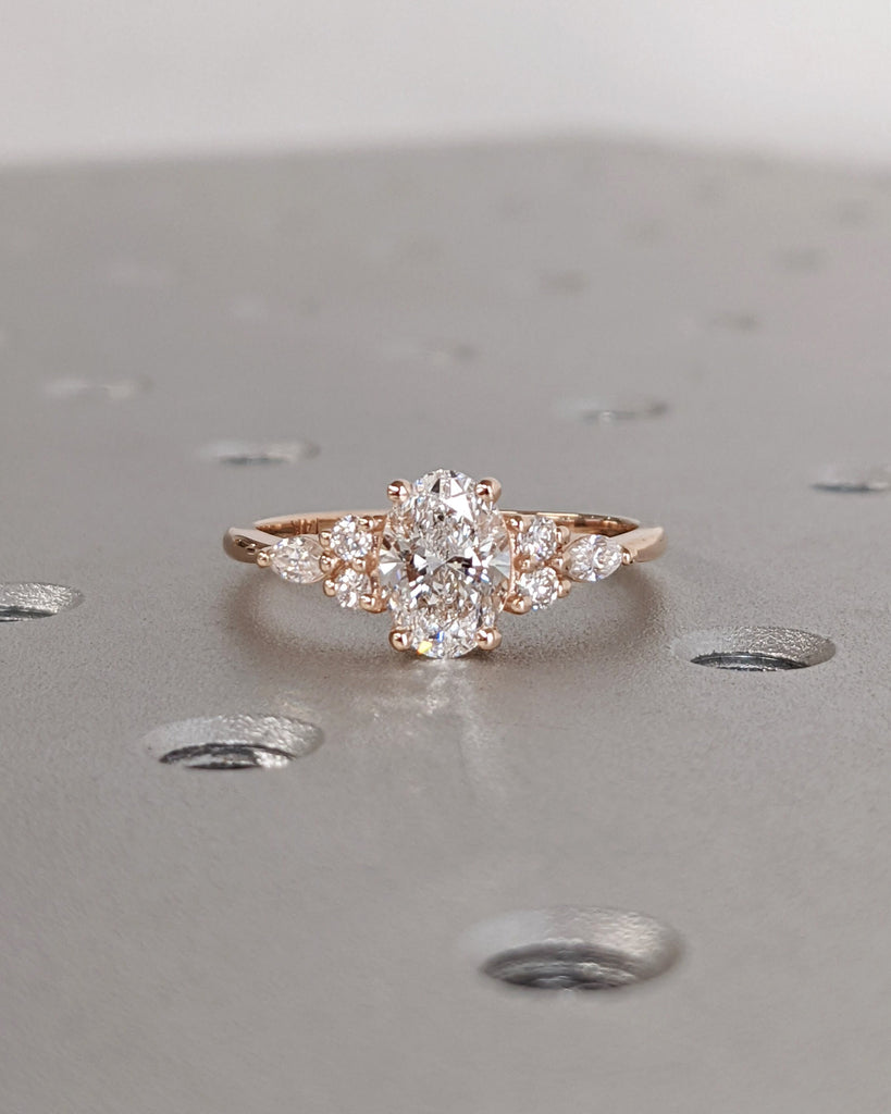 Lab Diamond Oval Engagement Ring, Oval Lab Diamond and Multi-Stone Wedding Ring, Rose Gold Lab Diamond Ring, Cluster Ring, Anniversary Gift image #1