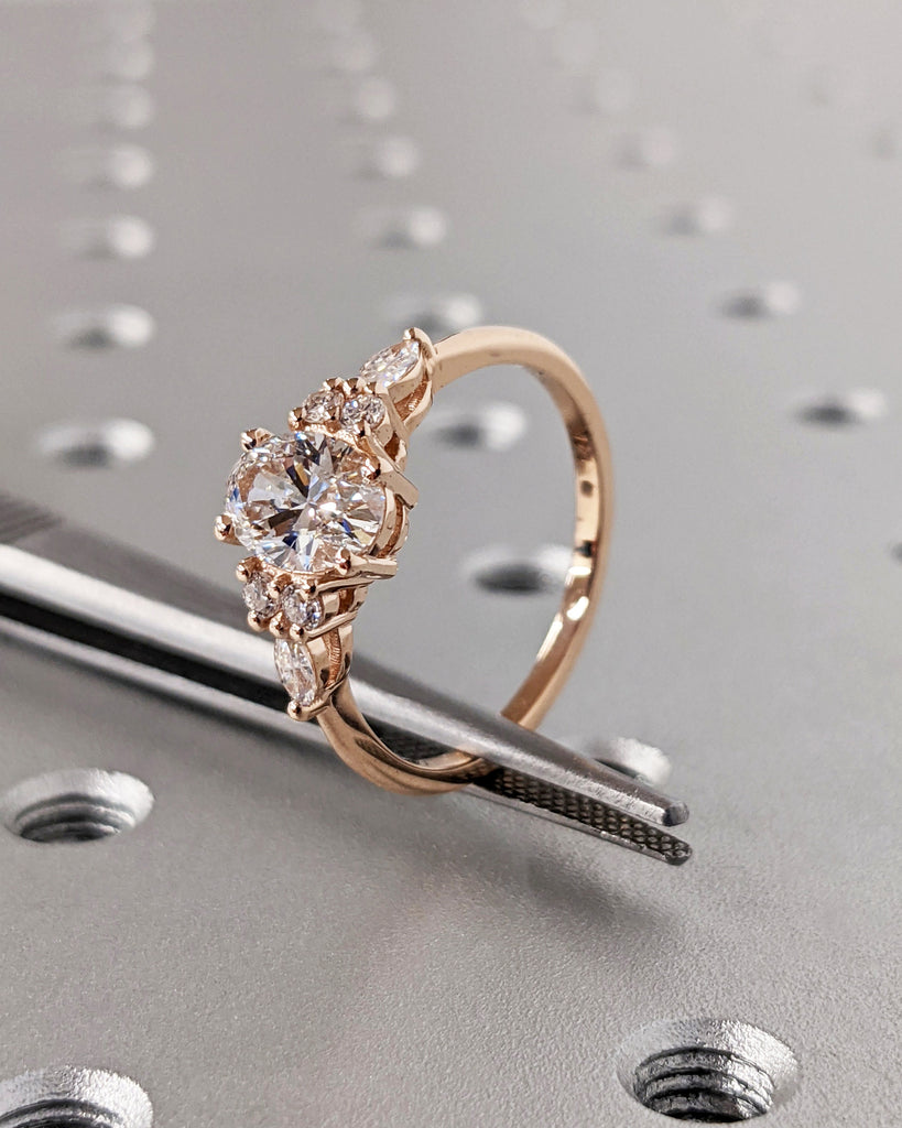Lab Diamond Oval Engagement Ring, Oval Lab Diamond and Multi-Stone Wedding Ring, Rose Gold Lab Diamond Ring, Cluster Ring, Anniversary Gift image #9