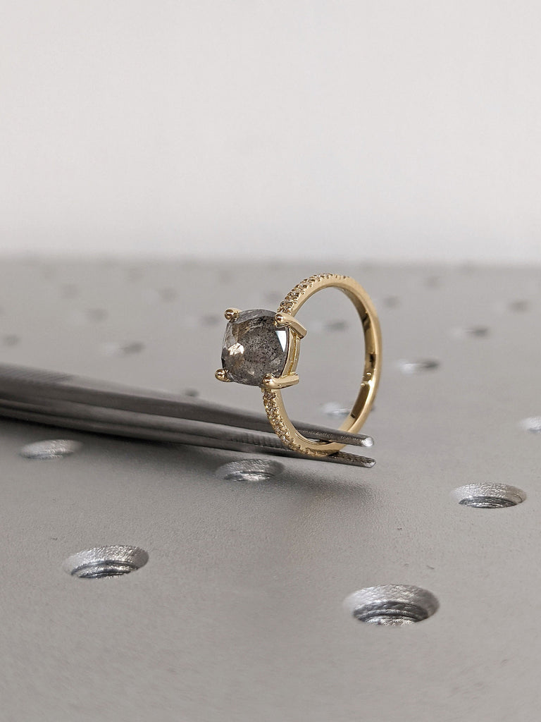 Cushion cut Salt and Pepper Grey Diamond Anniversary Cocktail Ring Yellow Gold Women Wedding Band