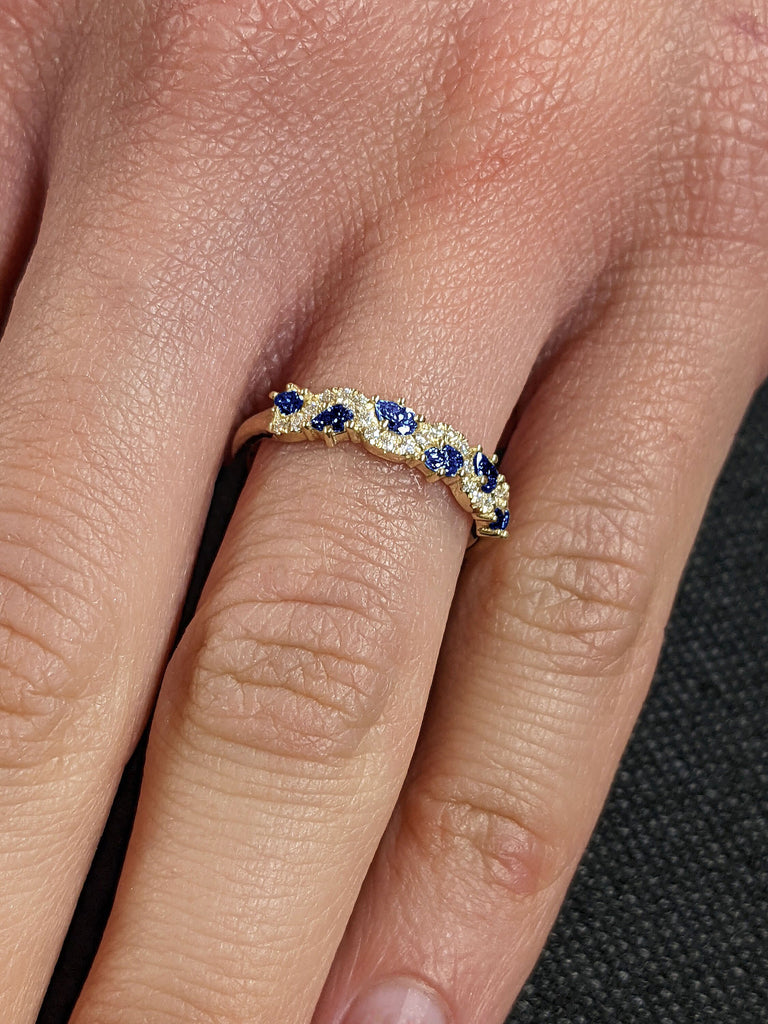 Blue Sapphire Diamond Moissanite Cluster Multi Shape Stacking Wedding Ring for Her Yellow Gold Band