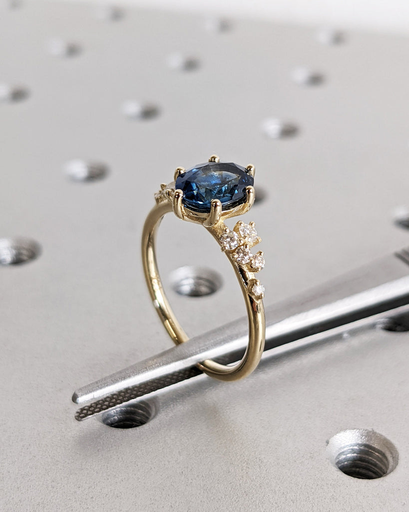 Oval Cut Sapphire Ring 14k Solid Gold Wedding Ring Snowdrift Cluster Sapphire Ring September Birthstone Handmade Jewelry Anniversary Gift image #6