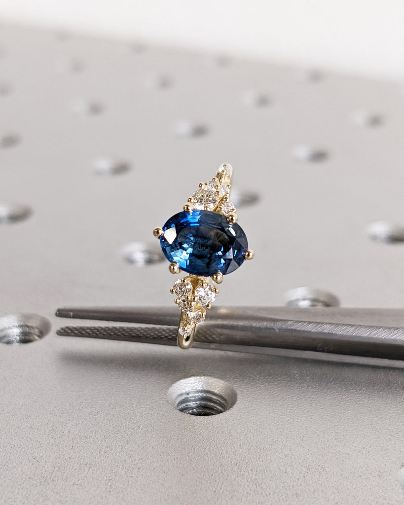 Oval Cut Sapphire Ring 14k Solid Gold Wedding Ring Snowdrift Cluster Sapphire Ring September Birthstone Handmade Jewelry Anniversary Gift image #8