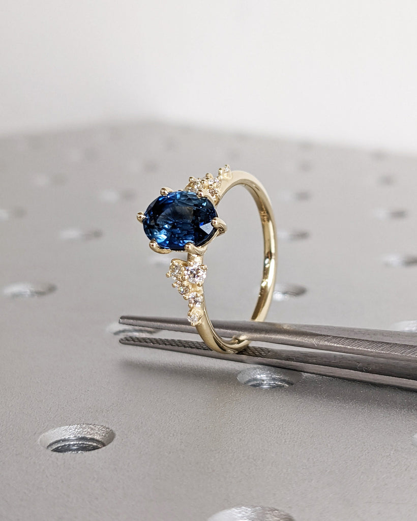 Oval Cut Sapphire Ring 14k Solid Gold Wedding Ring Snowdrift Cluster Sapphire Ring September Birthstone Handmade Jewelry Anniversary Gift image #9