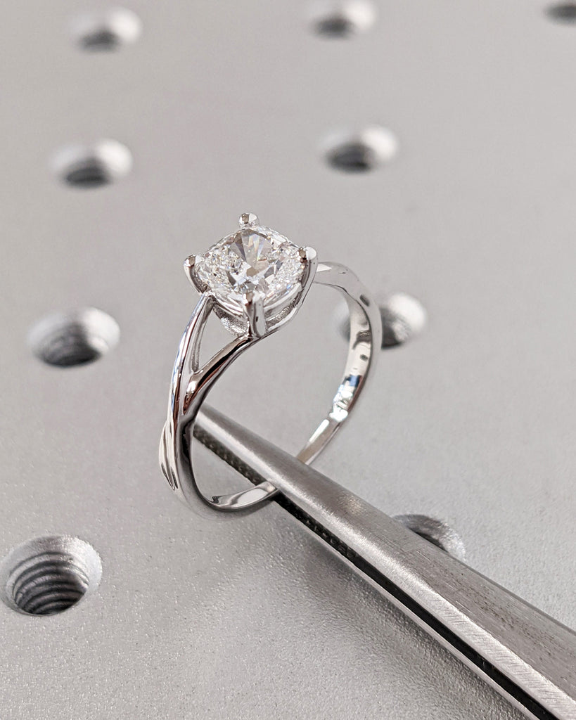 Cushion Cut Lab Created Diamond Solitaire Engagement Ring, IGI Certified Cushion Cut Diamond Wedding Ring, Split Shank, Unique Twisted Band