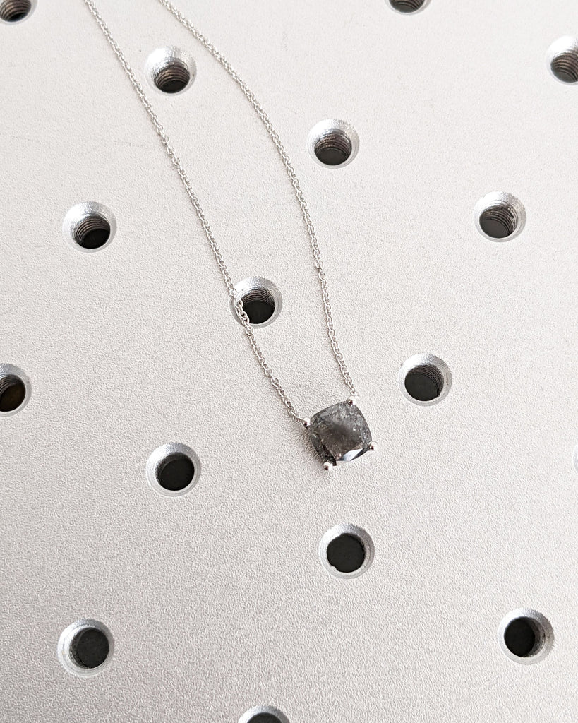 Galaxy Raw Salt and Pepper Diamond Necklace For Women- 14K White Gold- Cushion Cut Natural Diamond- Unique Jewelry- Anniversary Gift For Her