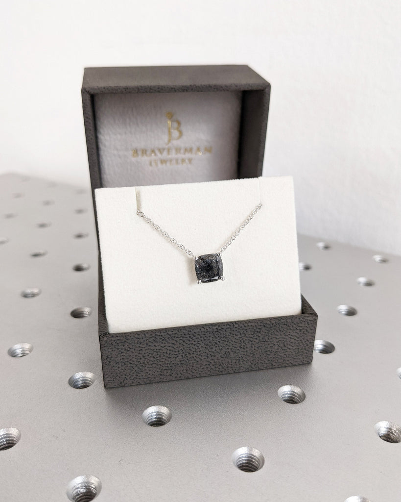 Galaxy Raw Salt and Pepper Diamond Necklace For Women- 14K White Gold- Cushion Cut Natural Diamond- Unique Jewelry- Anniversary Gift For Her