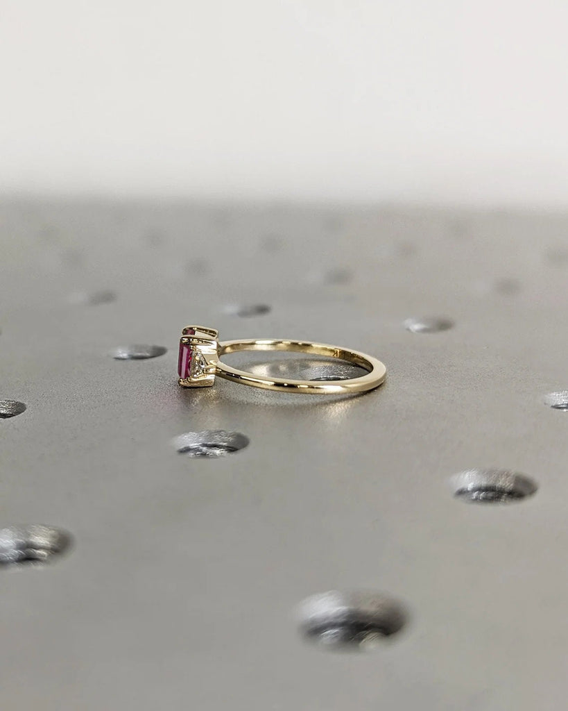 July Birthstone Red Lab Grown Ruby Unique Proposal Ring | 14K 18K Solid Gold | Triangle Moissanite Wedding Anniversary Ring | Gift for Her