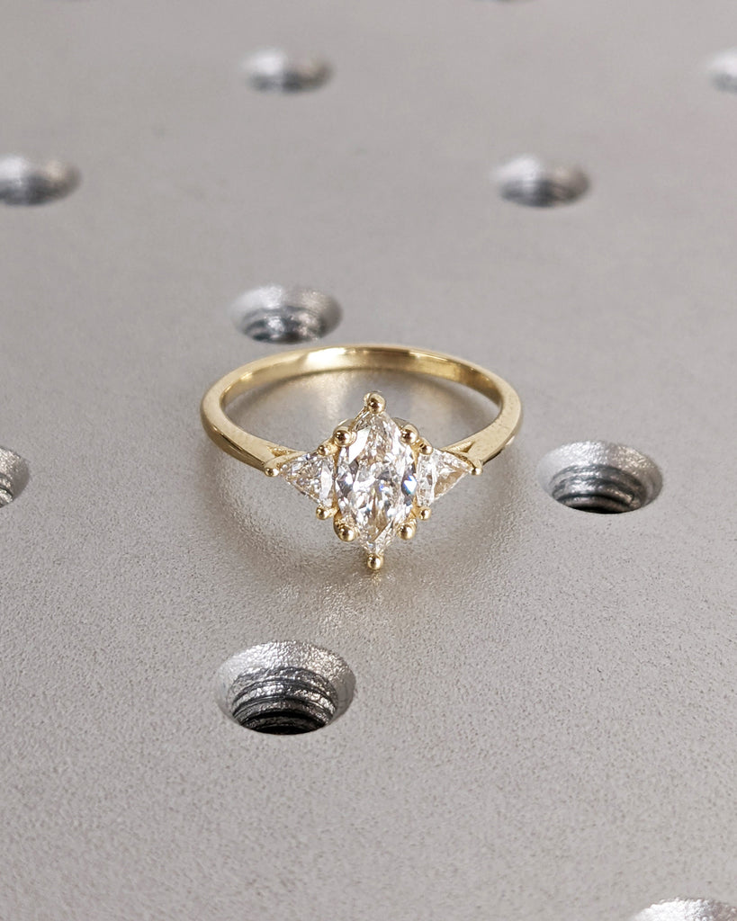 Marquise Engagement Ring, Marquise Lab Grown Diamond Trillion Geometric Engagement Ring, Wedding Ring, Anniversary Ring, 14K Yellow Gold