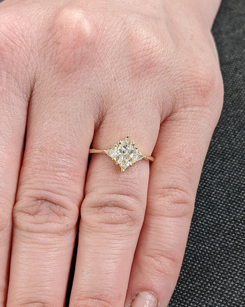 Marquise Engagement Ring, Marquise Lab Grown Diamond Trillion Geometric Engagement Ring, Wedding Ring, Anniversary Ring, 14K Yellow Gold