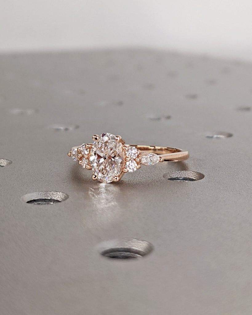 Lab Diamond Oval Engagement Ring, Oval Lab Diamond and Multi-Stone Wedding Ring, Rose Gold Lab Diamond Ring, Cluster Ring, Anniversary Gift image #4