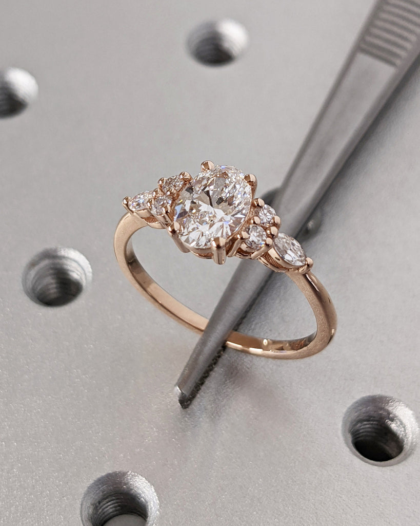 Lab Diamond Oval Engagement Ring, Oval Lab Diamond and Multi-Stone Wedding Ring, Rose Gold Lab Diamond Ring, Cluster Ring, Anniversary Gift image #6