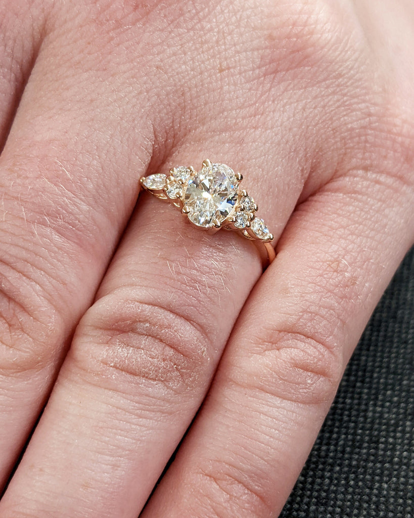 Lab Diamond Oval Engagement Ring, Oval Lab Diamond and Multi-Stone Wedding Ring, Rose Gold Lab Diamond Ring, Cluster Ring, Anniversary Gift image #10