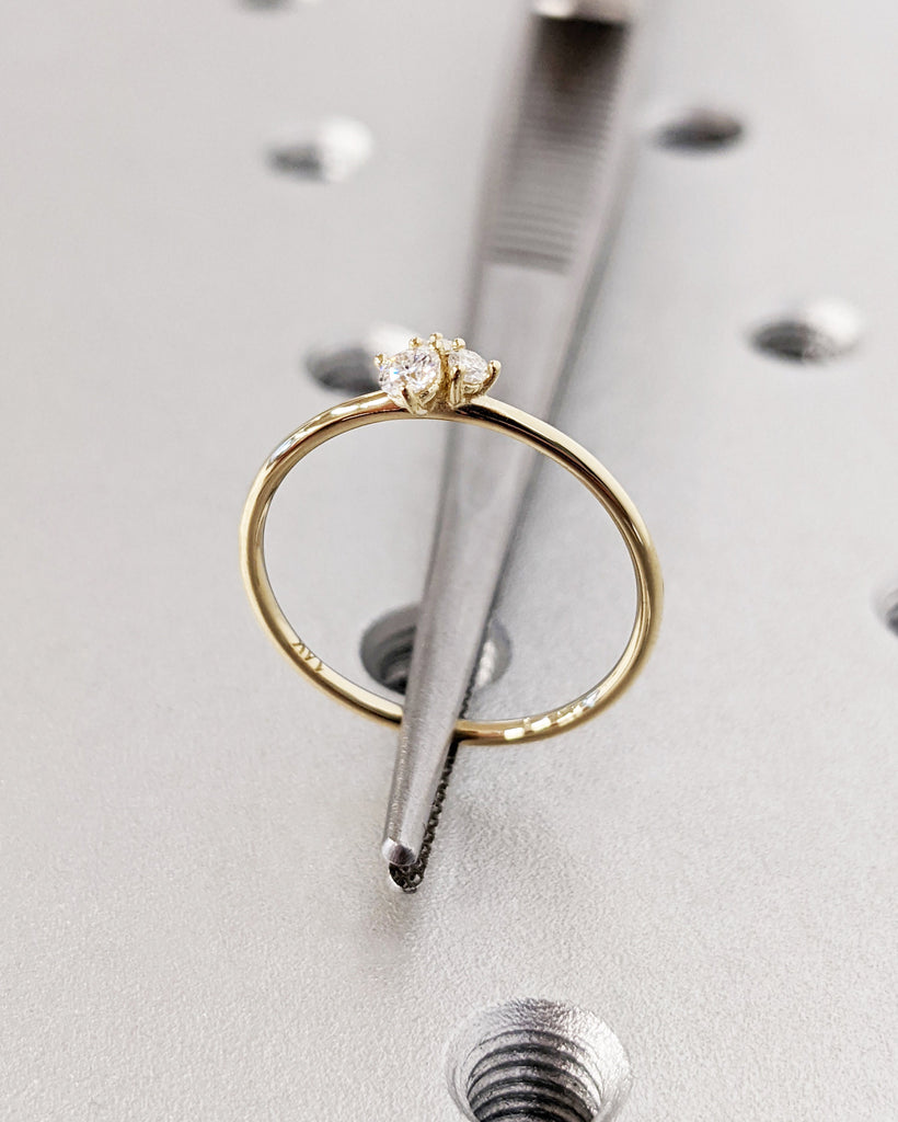 Thin Gold Stacking Rings - 1.2MM Triple Stone Ring - Minimalist Ring 14K Solid Gold - Diamond Ring - Promise Ring - Gold Dainty Cluster Ring