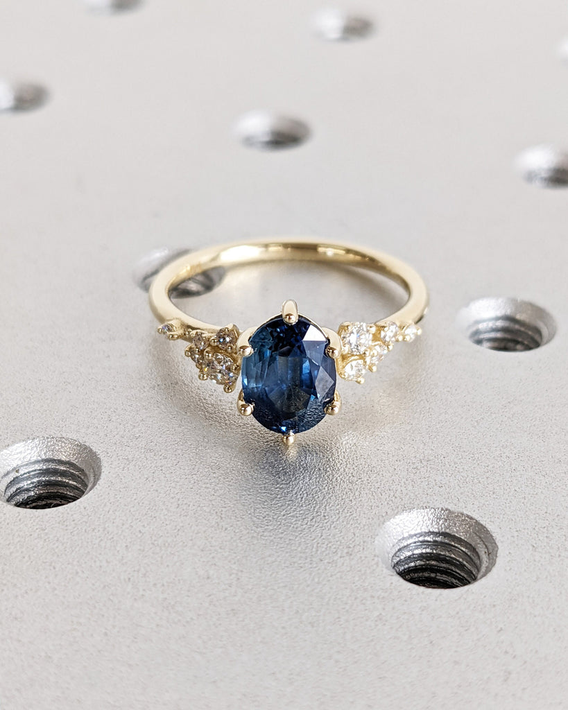 Oval Cut Sapphire Ring 14k Solid Gold Wedding Ring Snowdrift Cluster Sapphire Ring September Birthstone Handmade Jewelry Anniversary Gift image #2