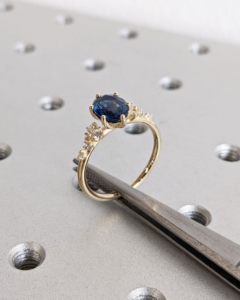 Oval Cut Sapphire Ring 14k Solid Gold Wedding Ring Snowdrift Cluster Sapphire Ring September Birthstone Handmade Jewelry Anniversary Gift image #7