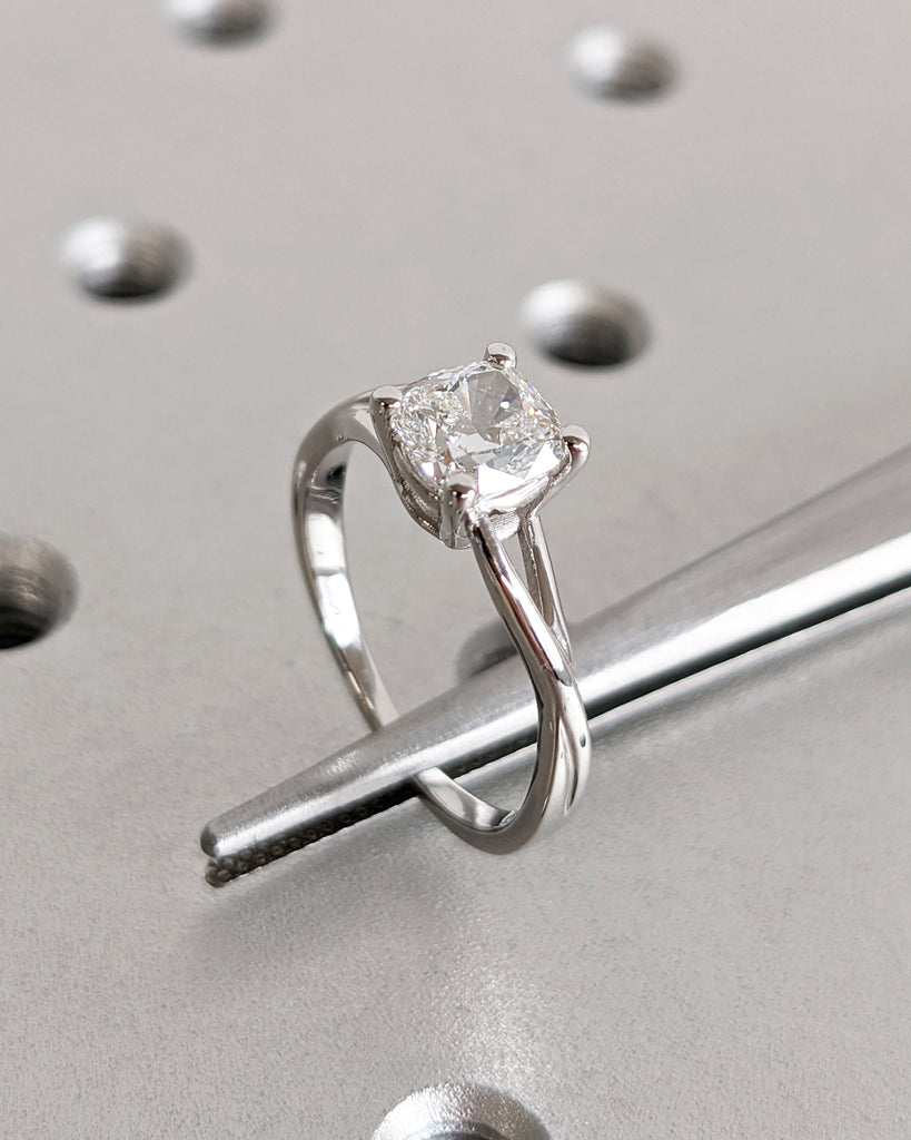 Cushion Cut Lab Created Diamond Solitaire Engagement Ring, IGI Certified Cushion Cut Diamond Wedding Ring, Split Shank, Unique Twisted Band