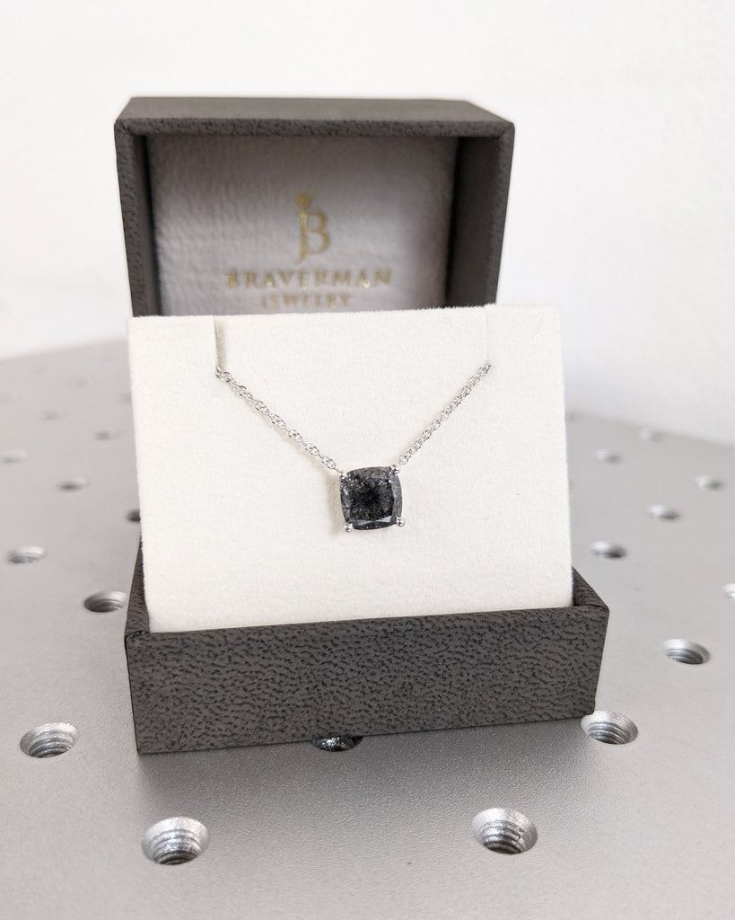 Galaxy Raw Salt and Pepper Diamond Necklace For Women- 14K White Gold- Cushion Cut Natural Diamond- Unique Jewelry- Anniversary Gift For Her