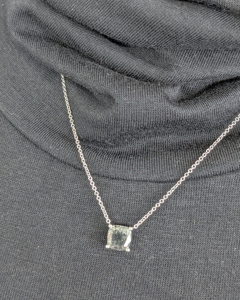 Galaxy Raw Salt and Pepper Diamond Necklace For Women- 14K White Gold- Cushion Cut Natural Diamond- Unique Jewelry- Anniversary Gift For Her