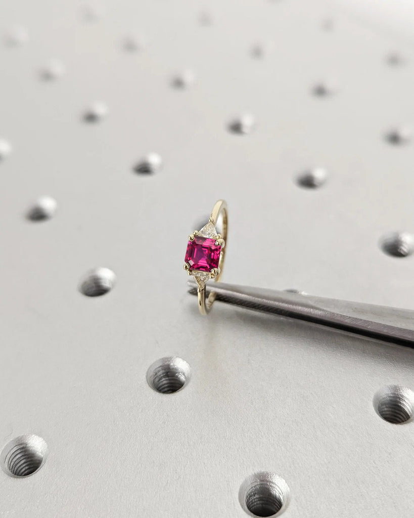 Three Stone Red Lab Ruby Unique Proposal Ring for Her | 14K 18K Yellow Gold Trillion Triangle Moissanite Dainty Wedding Ring