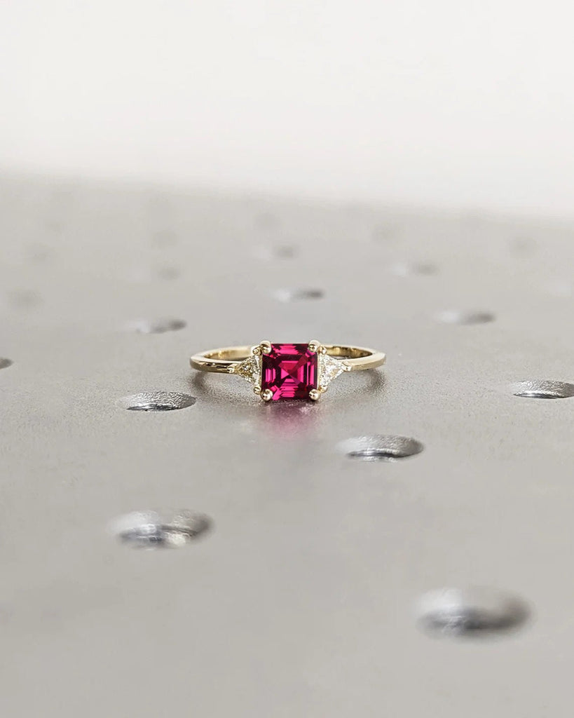 Square Assher cut Red Lab Grown Ruby Unique Engagement Cocktail Ring for Her | 14K 18K Yellow Gold Trillion Triangle Diamond Thin Gold Ring