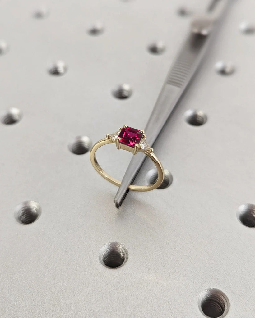 1ct Assher cut Lab Cultured Red Ruby Women Wedding Anniversary Proposal Ring | Solid Thin Yellow Gold Ring for Her | Alternative Bridal Jewelry